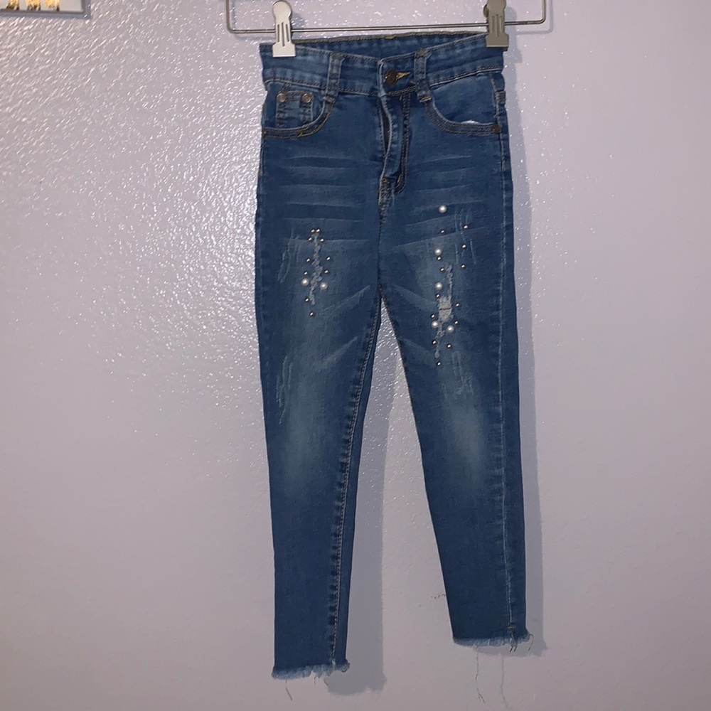 Surprise girls 4T blue denim beaded distressed skinny jeans